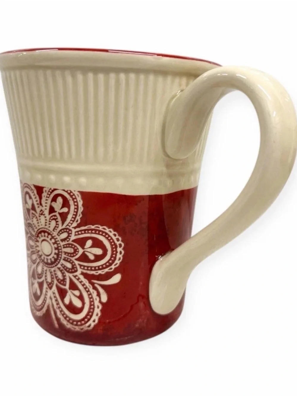 Pier 1 Imports Maribeth Ironstone Mugs Set of 3 Burgundy Cream Floral Cups
